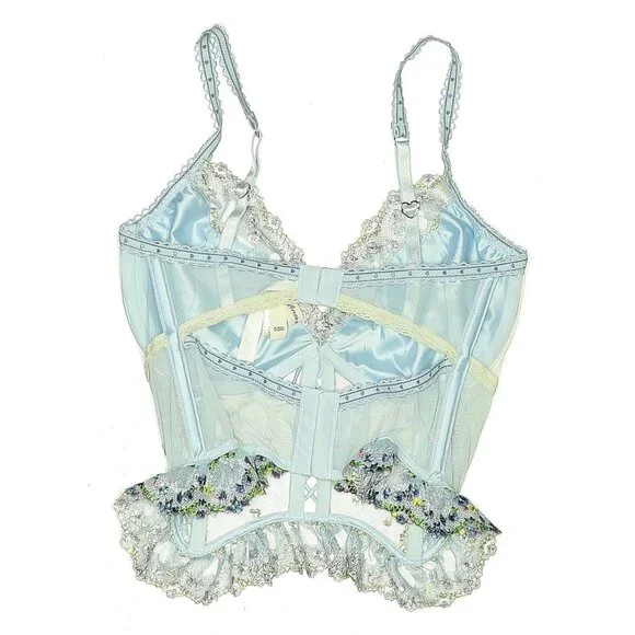 For Love & Lemons Blue Floral Embroidered Bustier Bralette Corset Top | Coquette - Picture 7 of 15